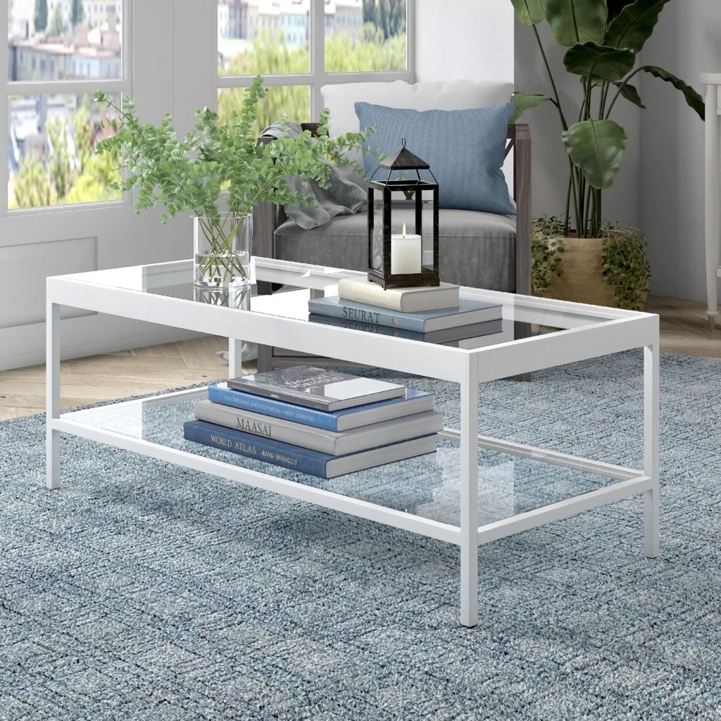Clear Glass And White Steel Coffee Table With Shelf By Homeroots - Image 8