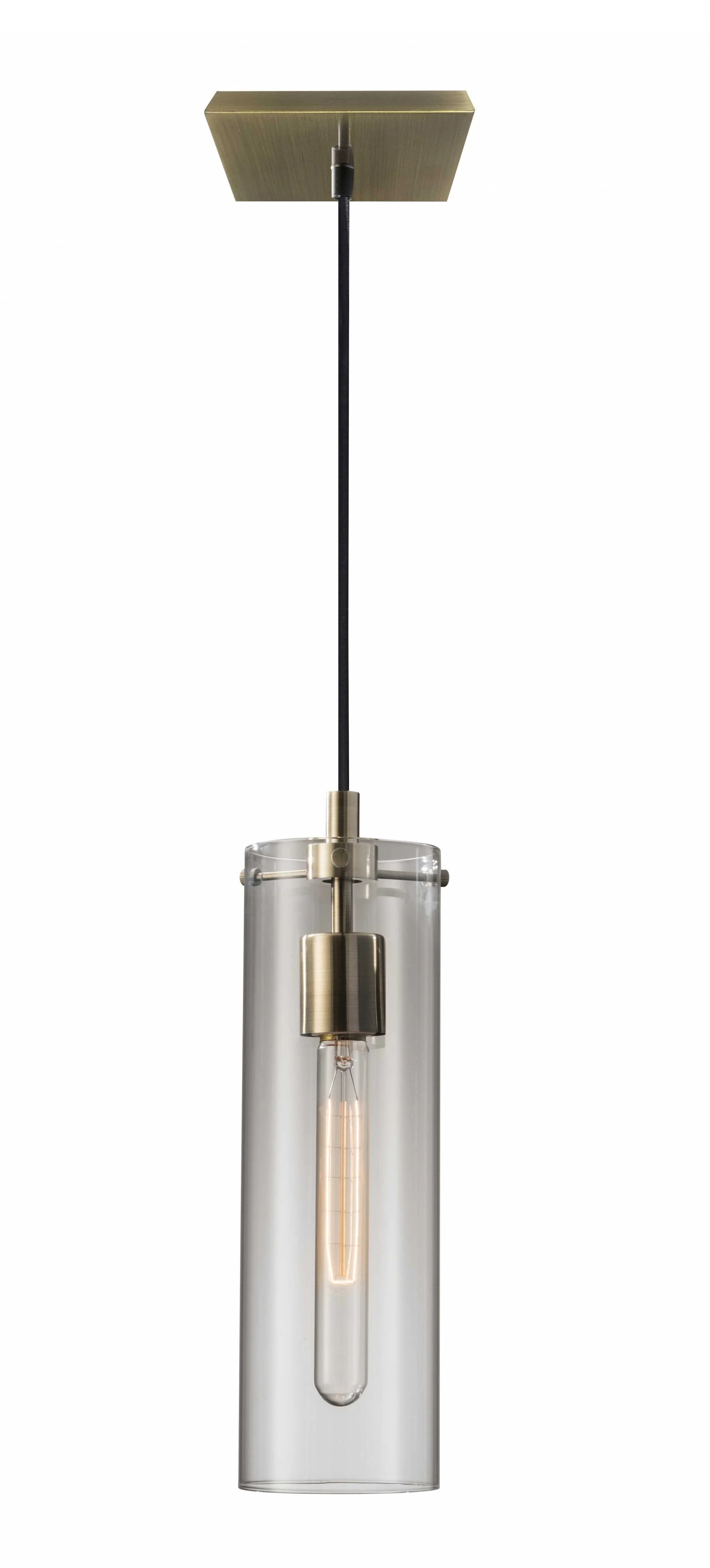 Clear Glass Cylinder Shade with Vintage Filament Bulb Antique Brass Metal Pendant By Homeroots - Image 2