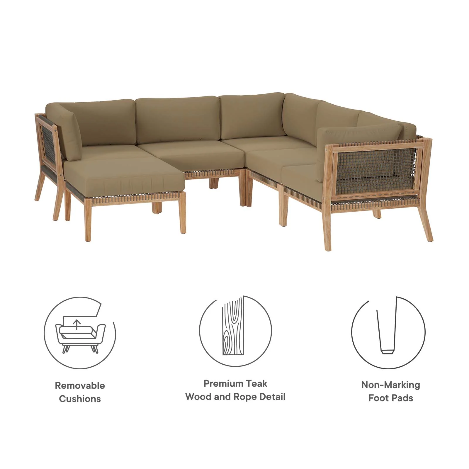 Clearwater Outdoor Patio Teak Wood 6-Piece Sectional Sofa By Modway - EEI-6124 - Image 17