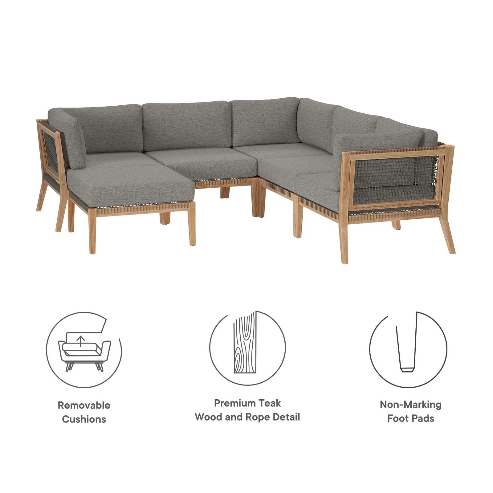 Clearwater Outdoor Patio Teak Wood 6-Piece Sectional Sofa By Modway - EEI-6124 - Image 5