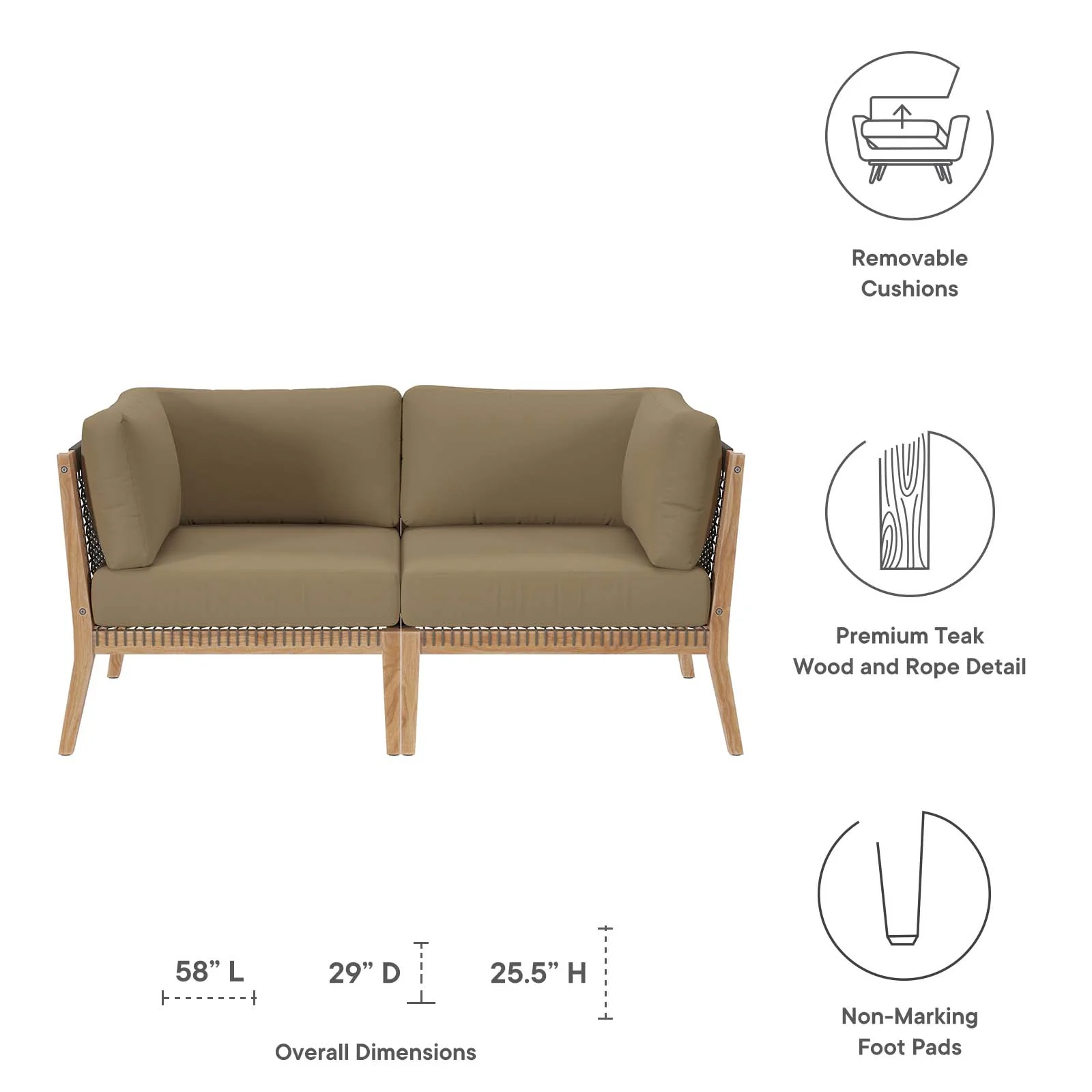 Clearwater Outdoor Patio Teak Wood Loveseat By Modway - EEI-6119 - Image 14