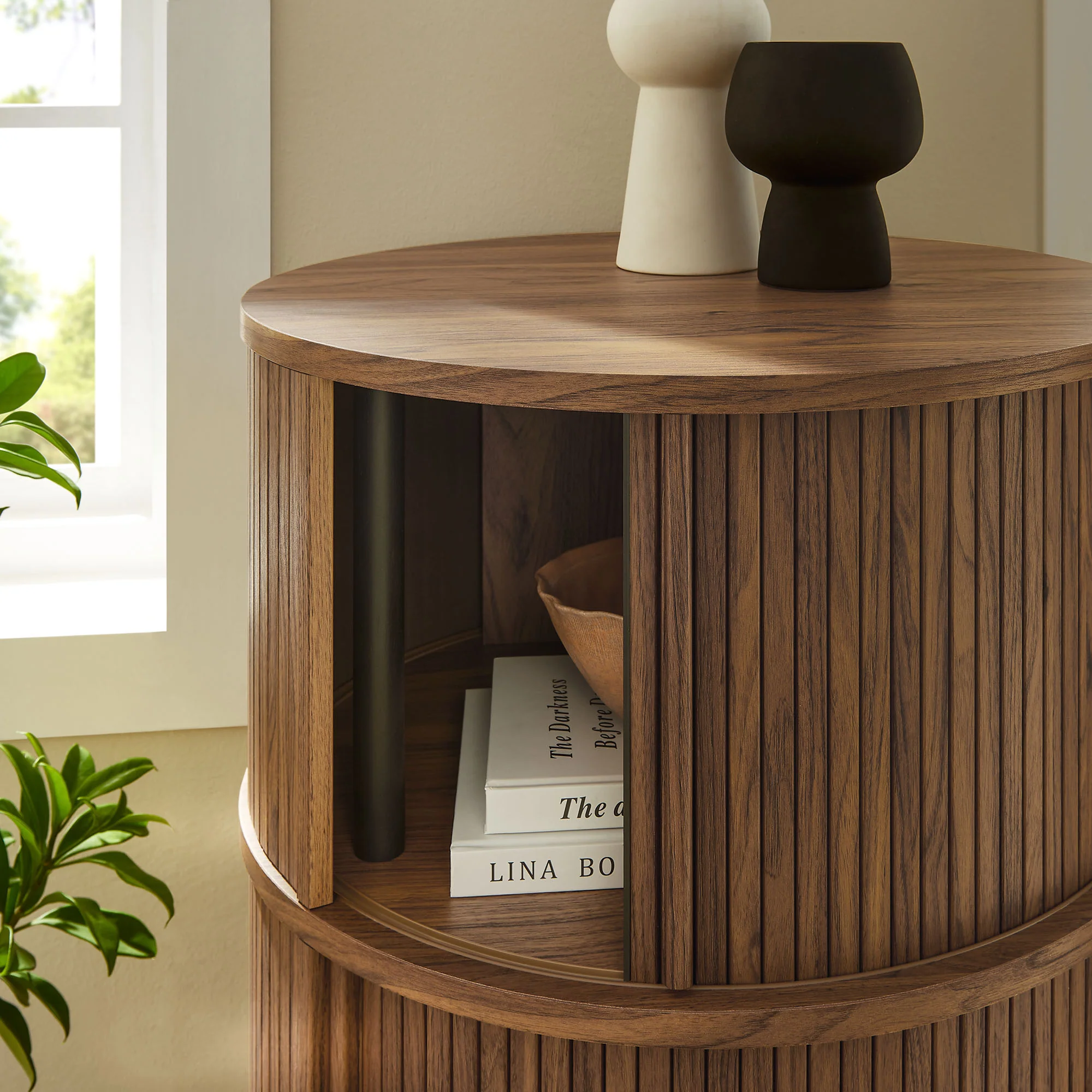 Clement Round Pedestal Stand Storage Table With Sliding Tambour Doors by Modway - Image 8