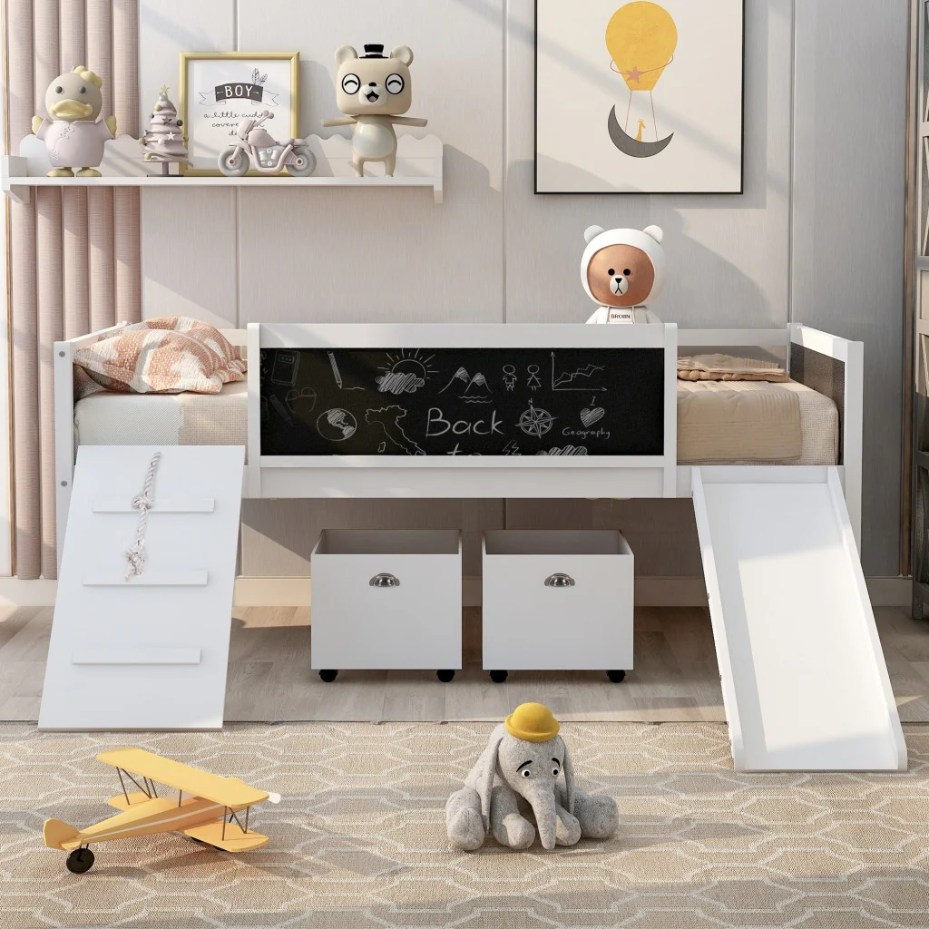 Climbing Frame Gray Twin Size Loft Bed With Slide And Storage Boxes By Homeroots - Image 10