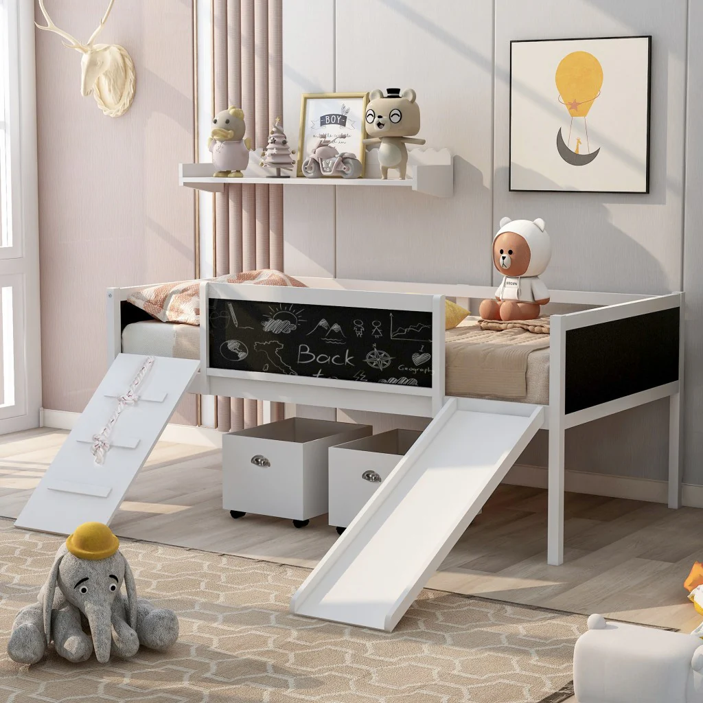 Climbing Frame Gray Twin Size Loft Bed With Slide And Storage Boxes By Homeroots - Image 11