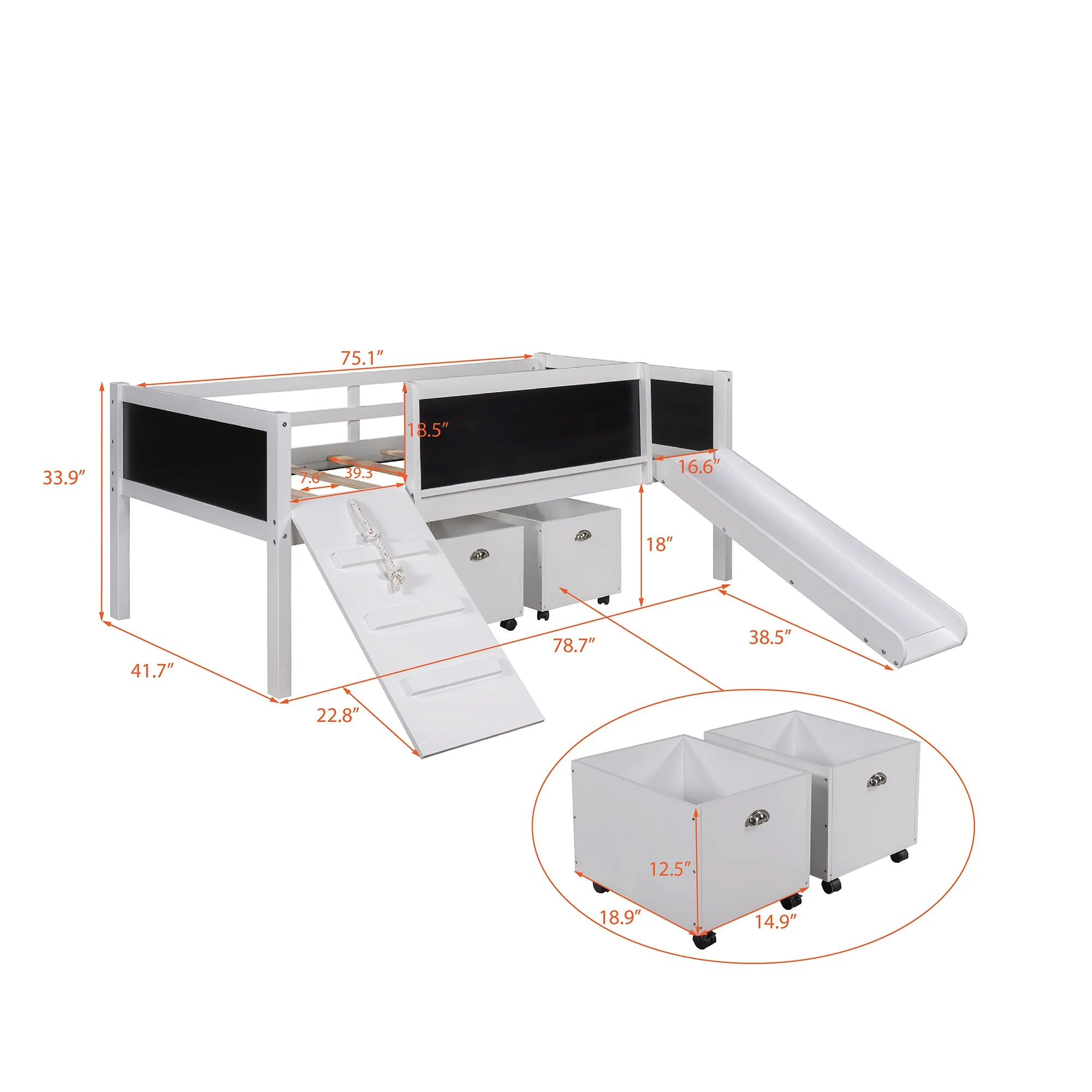 Climbing Frame Gray Twin Size Loft Bed With Slide And Storage Boxes By Homeroots - Image 15