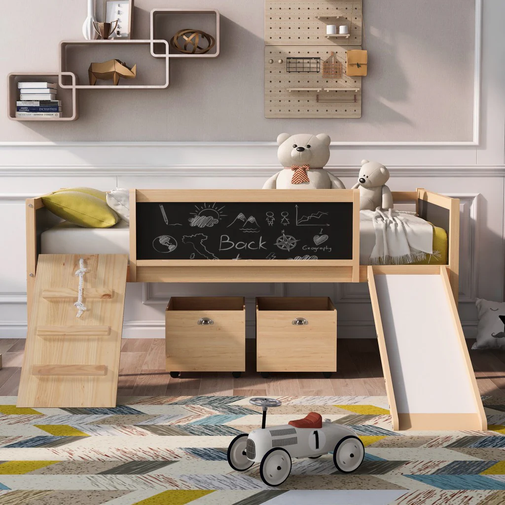 Climbing Frame Gray Twin Size Loft Bed With Slide And Storage Boxes By Homeroots - Image 19