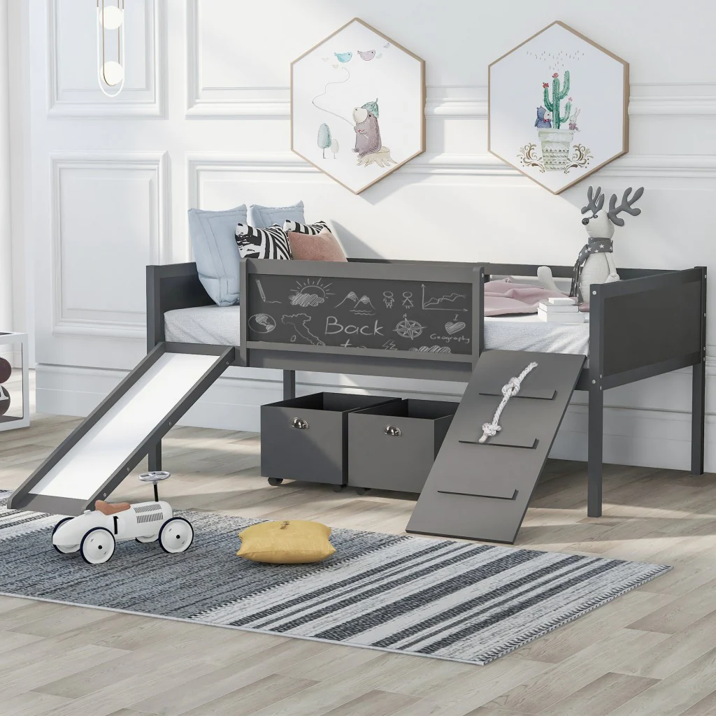 Climbing Frame Gray Twin Size Loft Bed With Slide And Storage Boxes By Homeroots - Image 2