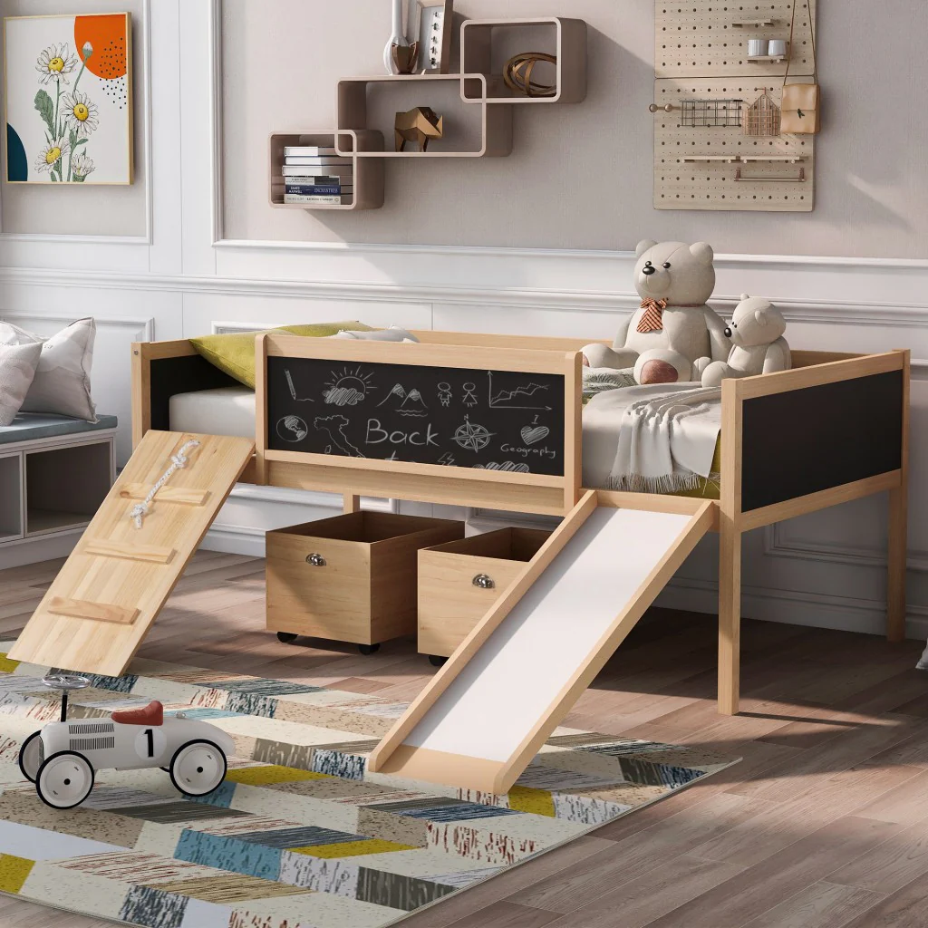 Climbing Frame Gray Twin Size Loft Bed With Slide And Storage Boxes By Homeroots - Image 20