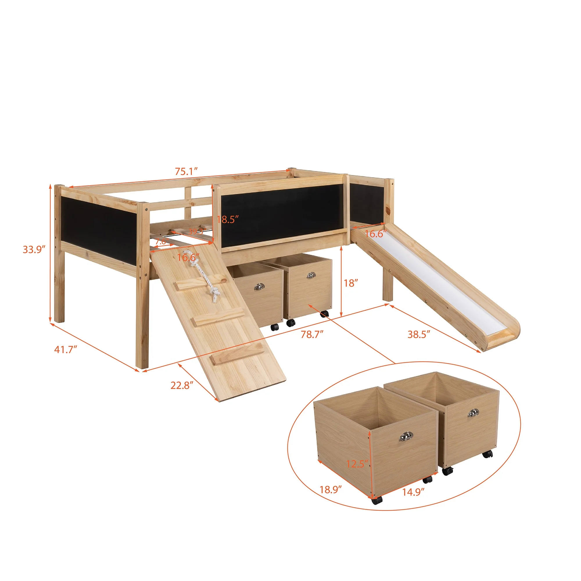Climbing Frame Gray Twin Size Loft Bed With Slide And Storage Boxes By Homeroots - Image 24
