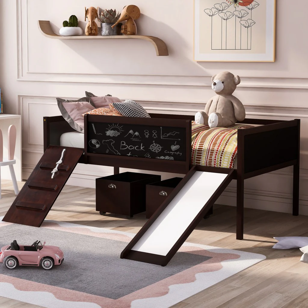 Climbing Frame Gray Twin Size Loft Bed With Slide And Storage Boxes By Homeroots - Image 29