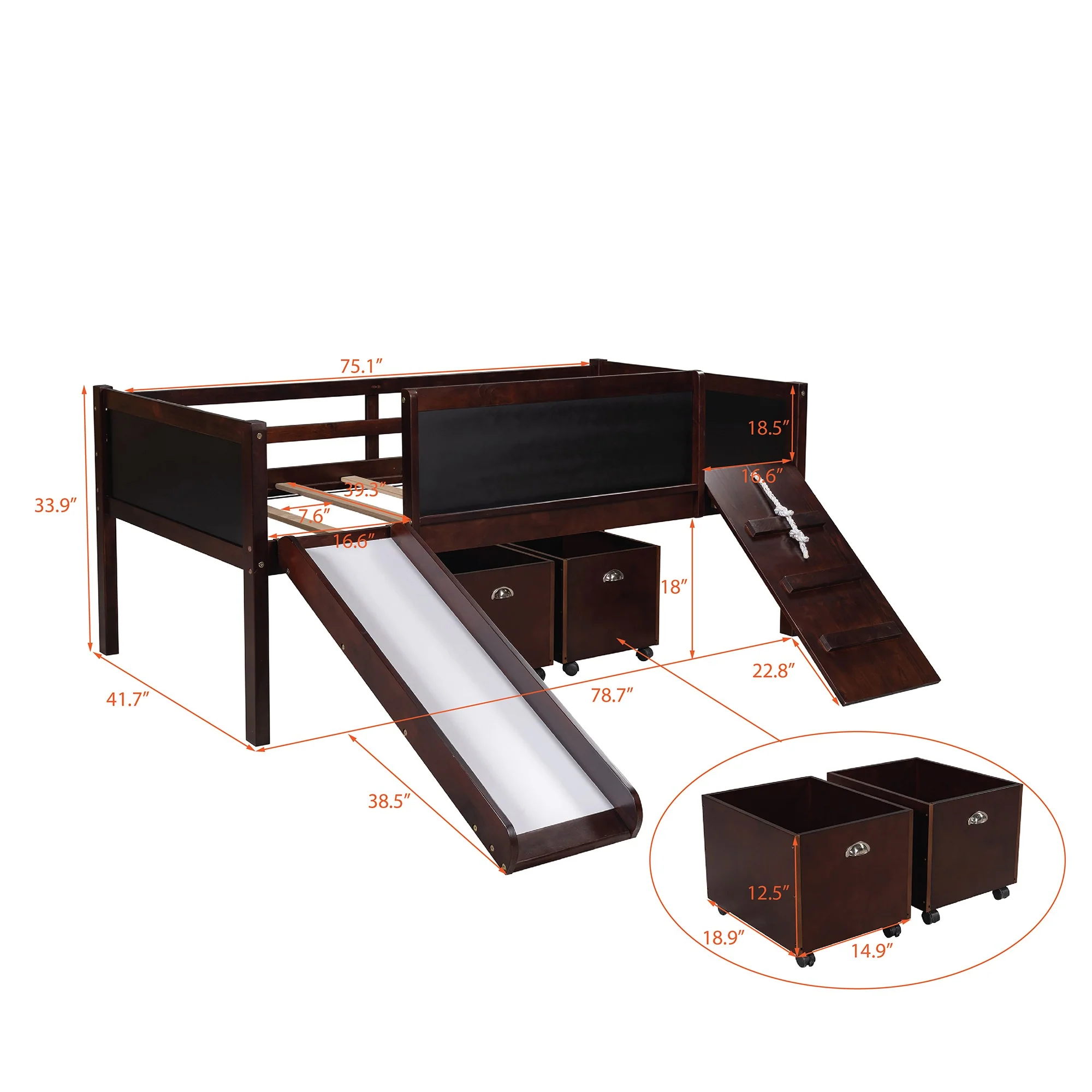 Climbing Frame Gray Twin Size Loft Bed With Slide And Storage Boxes By Homeroots - Image 33
