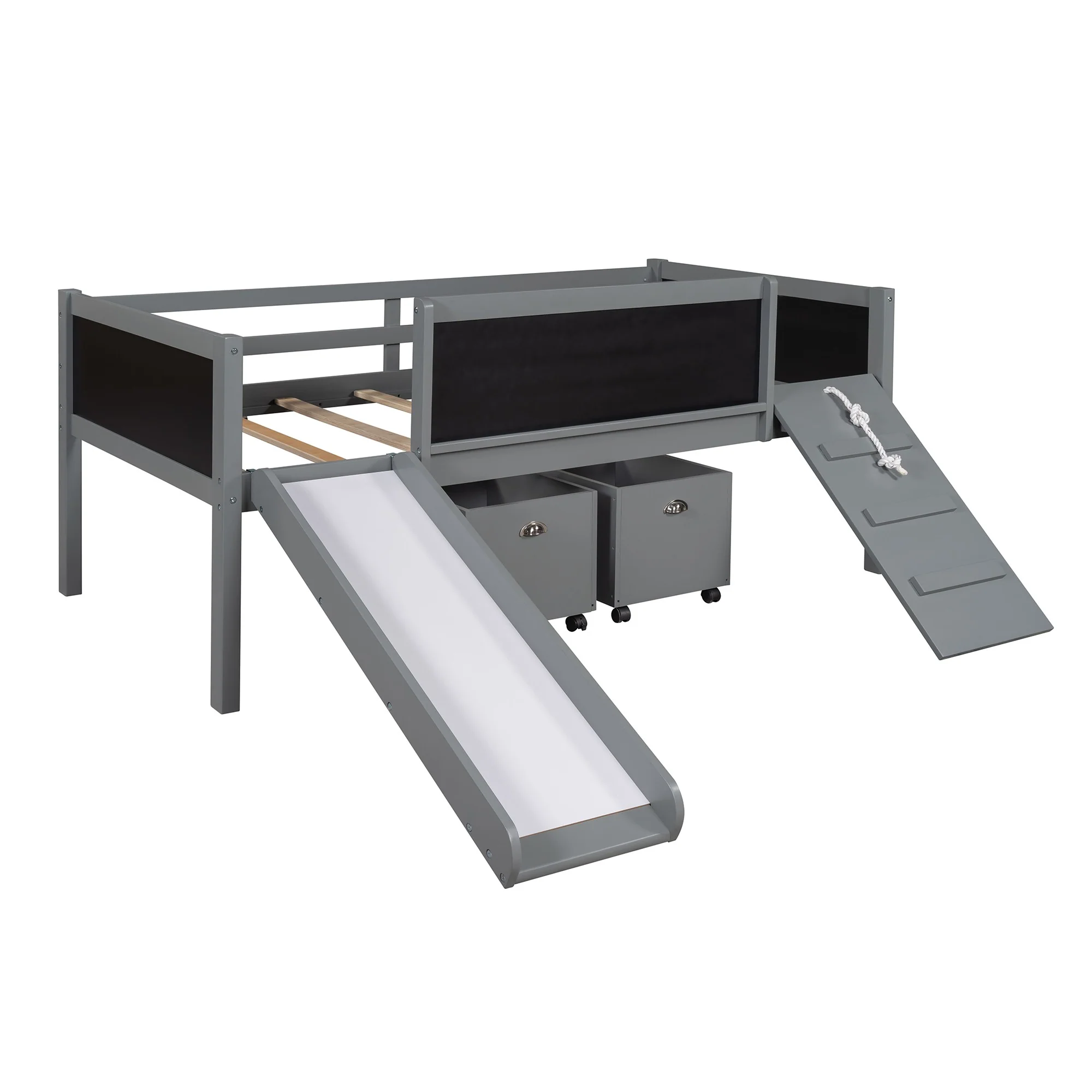 Climbing Frame Gray Twin Size Loft Bed With Slide And Storage Boxes By Homeroots - Image 4