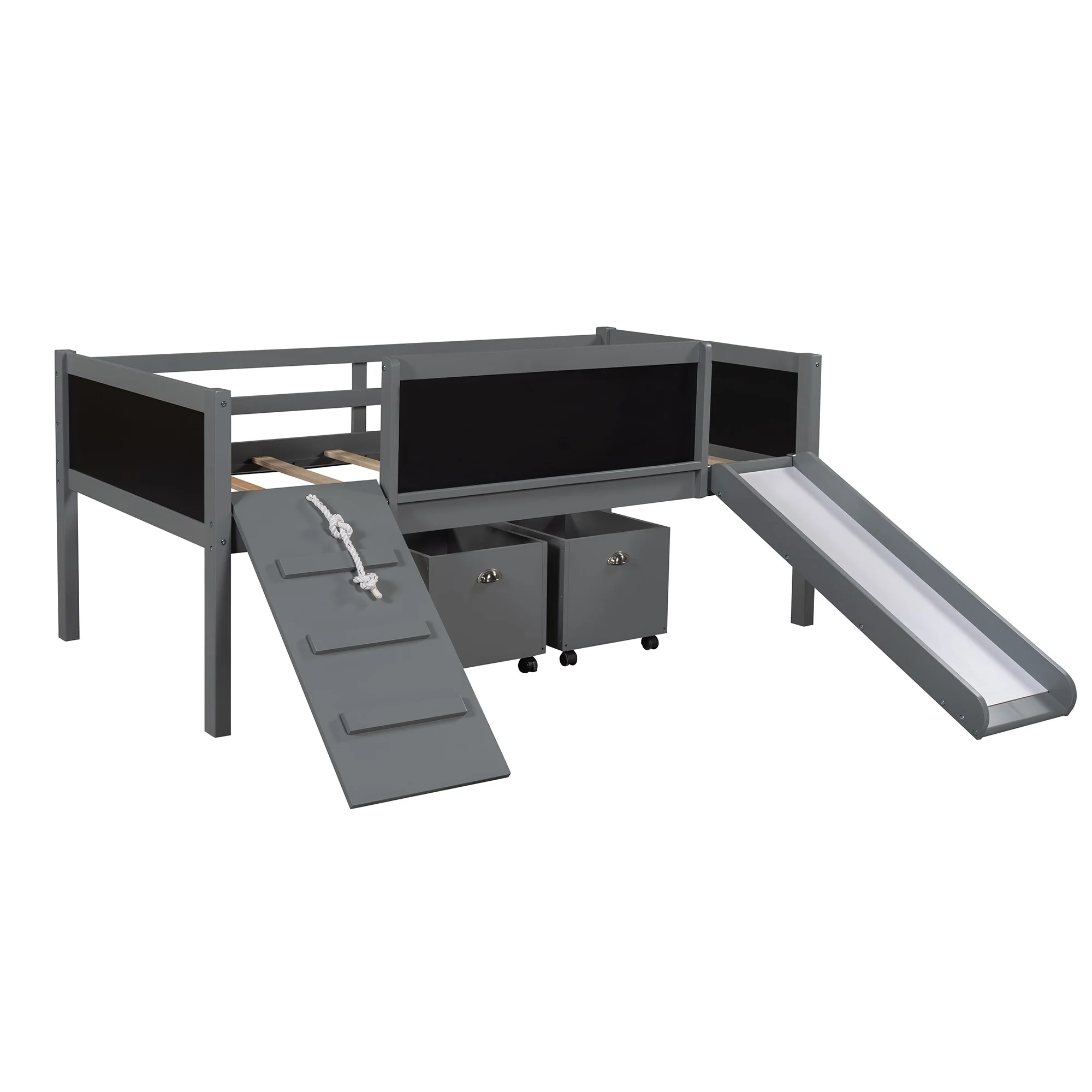Climbing Frame Gray Twin Size Loft Bed With Slide And Storage Boxes By Homeroots - Image 5
