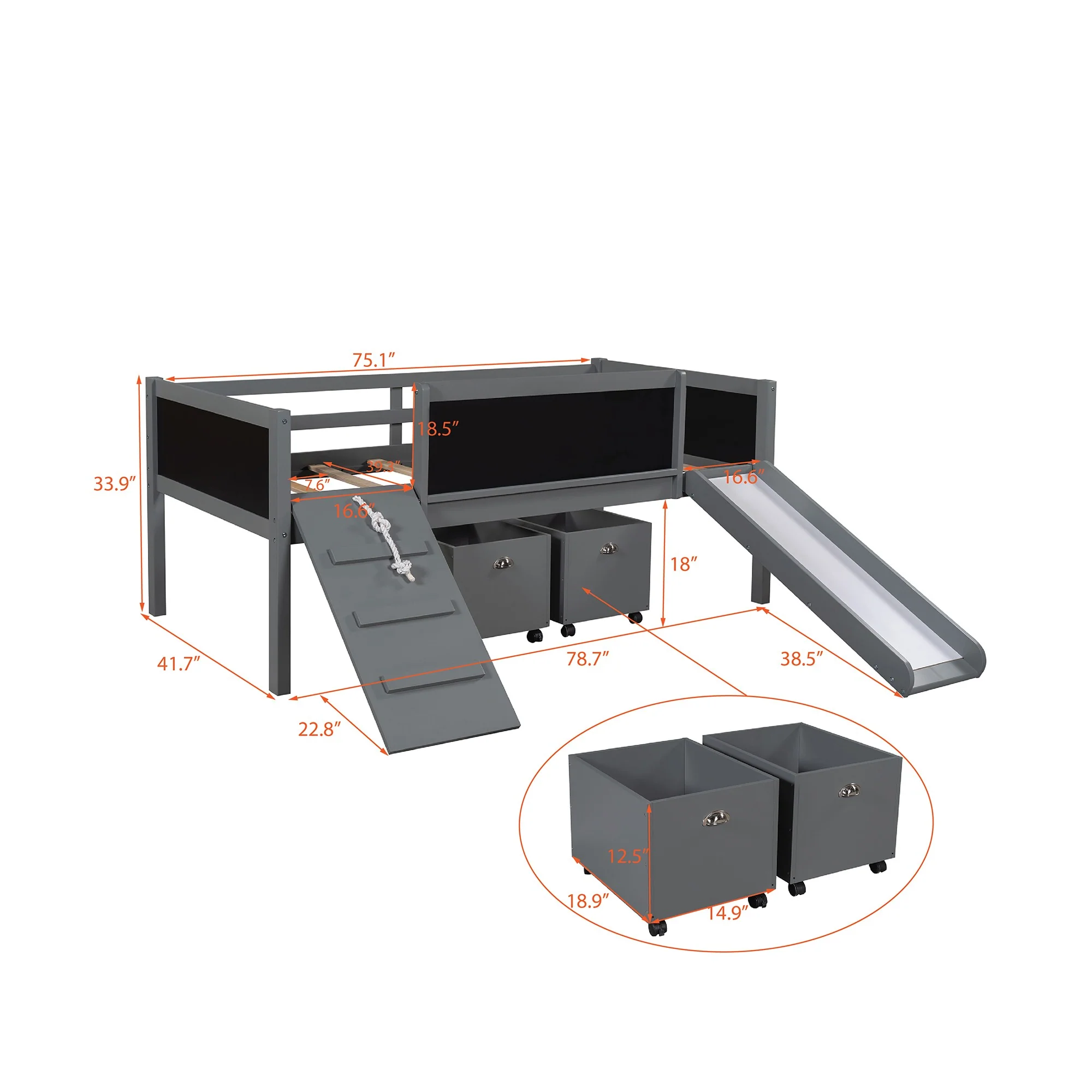 Climbing Frame Gray Twin Size Loft Bed With Slide And Storage Boxes By Homeroots - Image 6