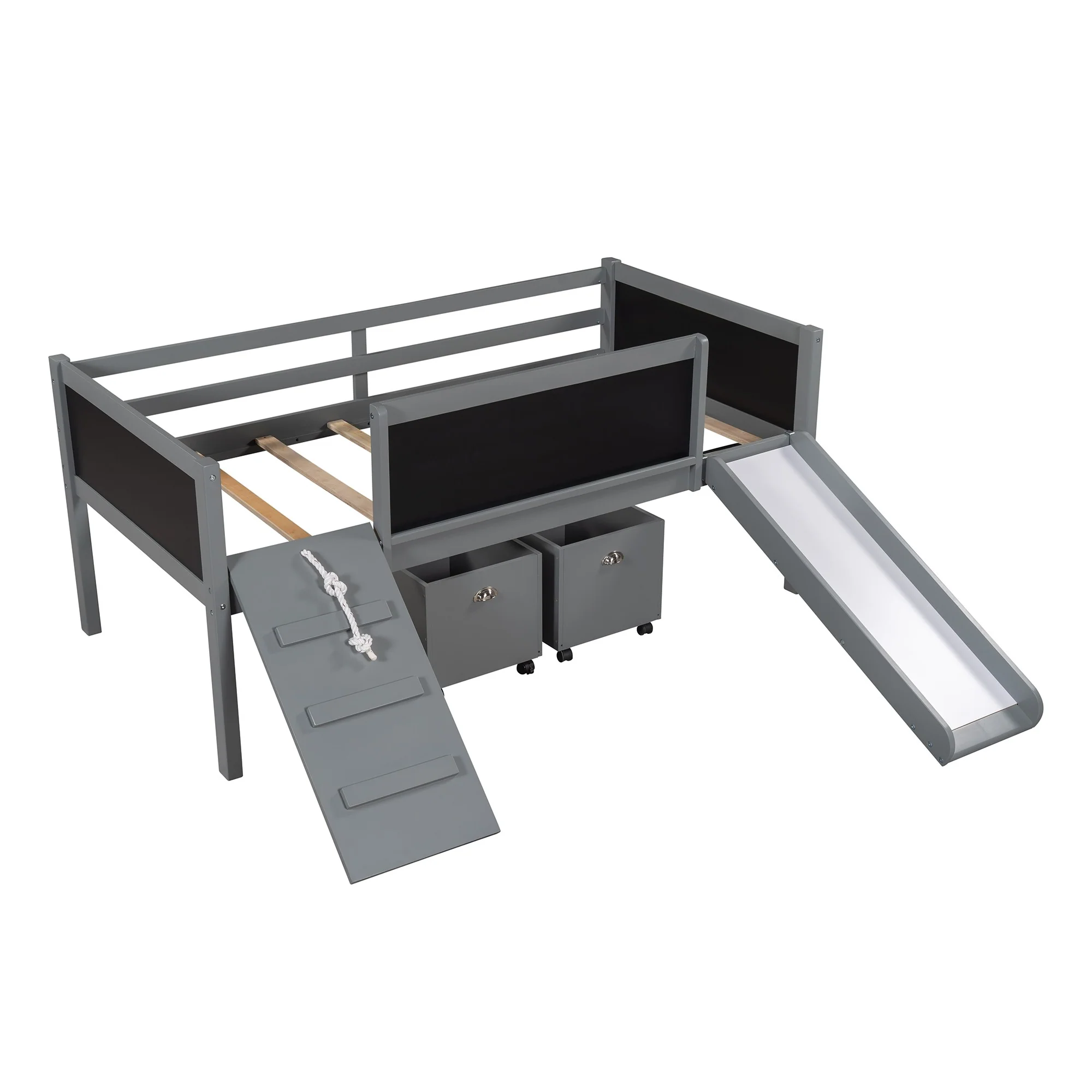Climbing Frame Gray Twin Size Loft Bed With Slide And Storage Boxes By Homeroots - Image 9