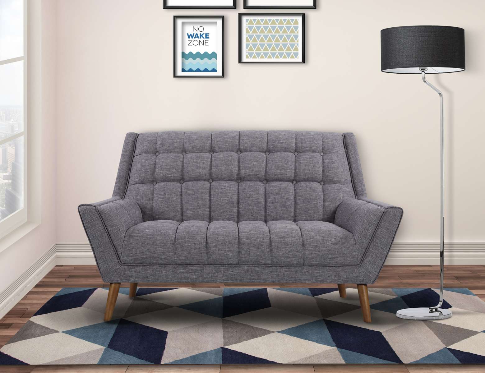 Cobra Mid-Century Modern Loveseat in Blue Linen and Walnut Legs By Armen Living - Image 6