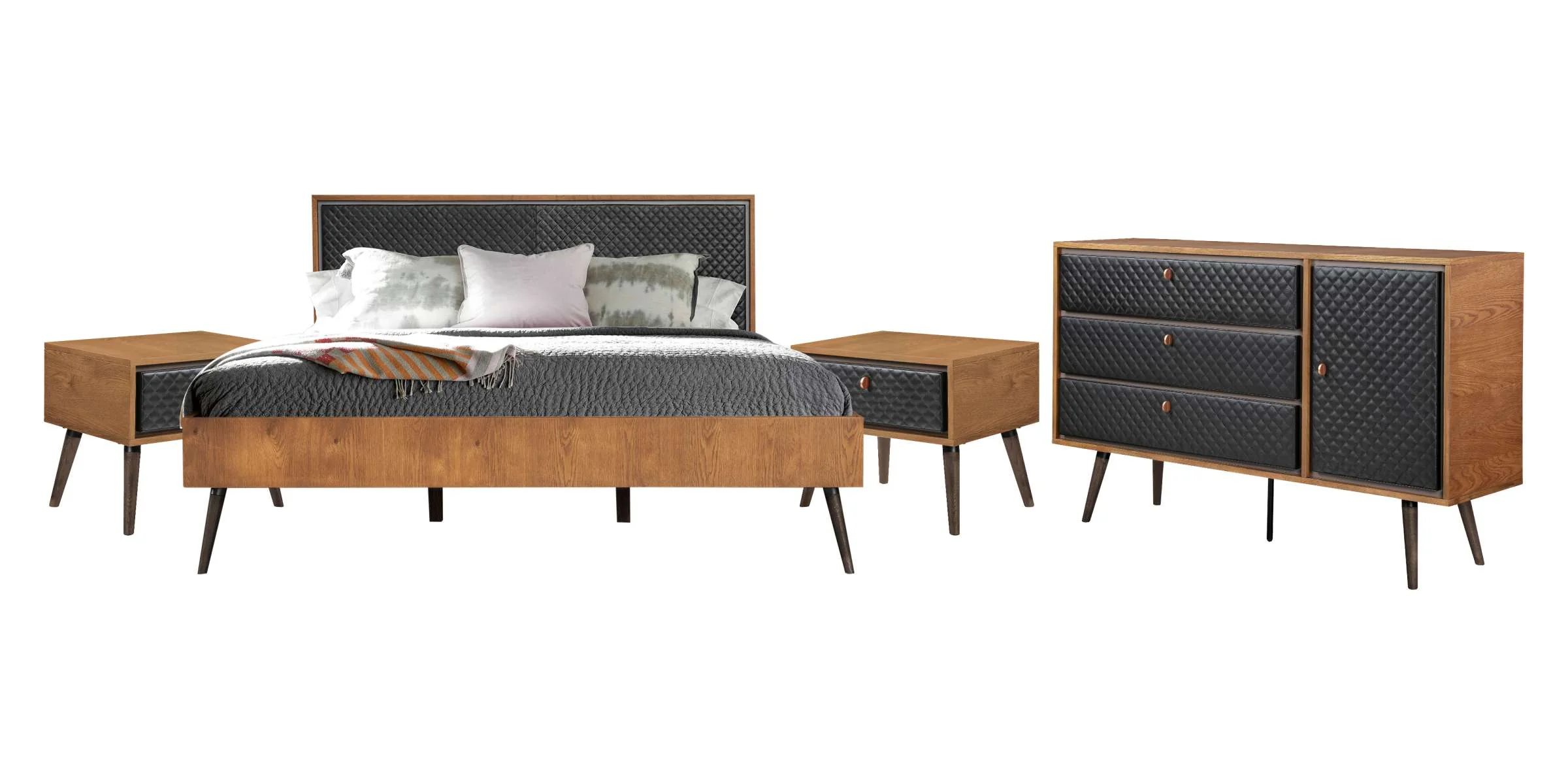 Coco Rustic 4 piece Upholstered Platform Bedroom Set in King with Dresser and 2 Nightstands  By Armen Living - Image 2