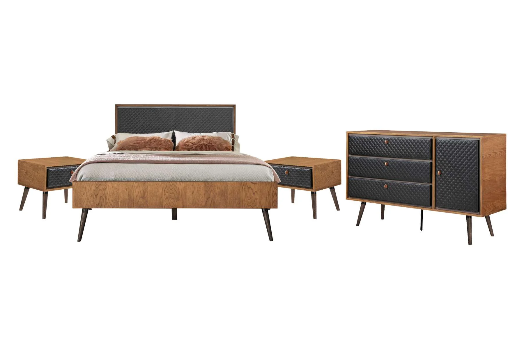Coco Rustic 4 piece Upholstered Platform Bedroom Set in Queen with Dresser and 2 Nightstands  By Armen Living - Image 2