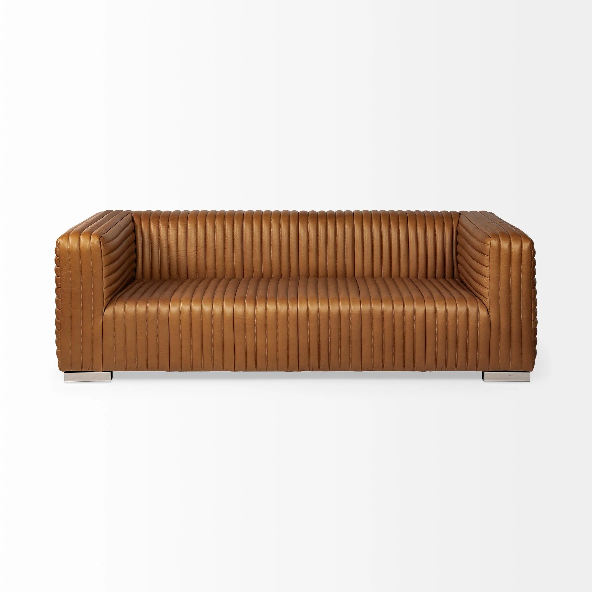 Cognac Leather Wrapped Three Seater Sofa By Homeroots - Image 3