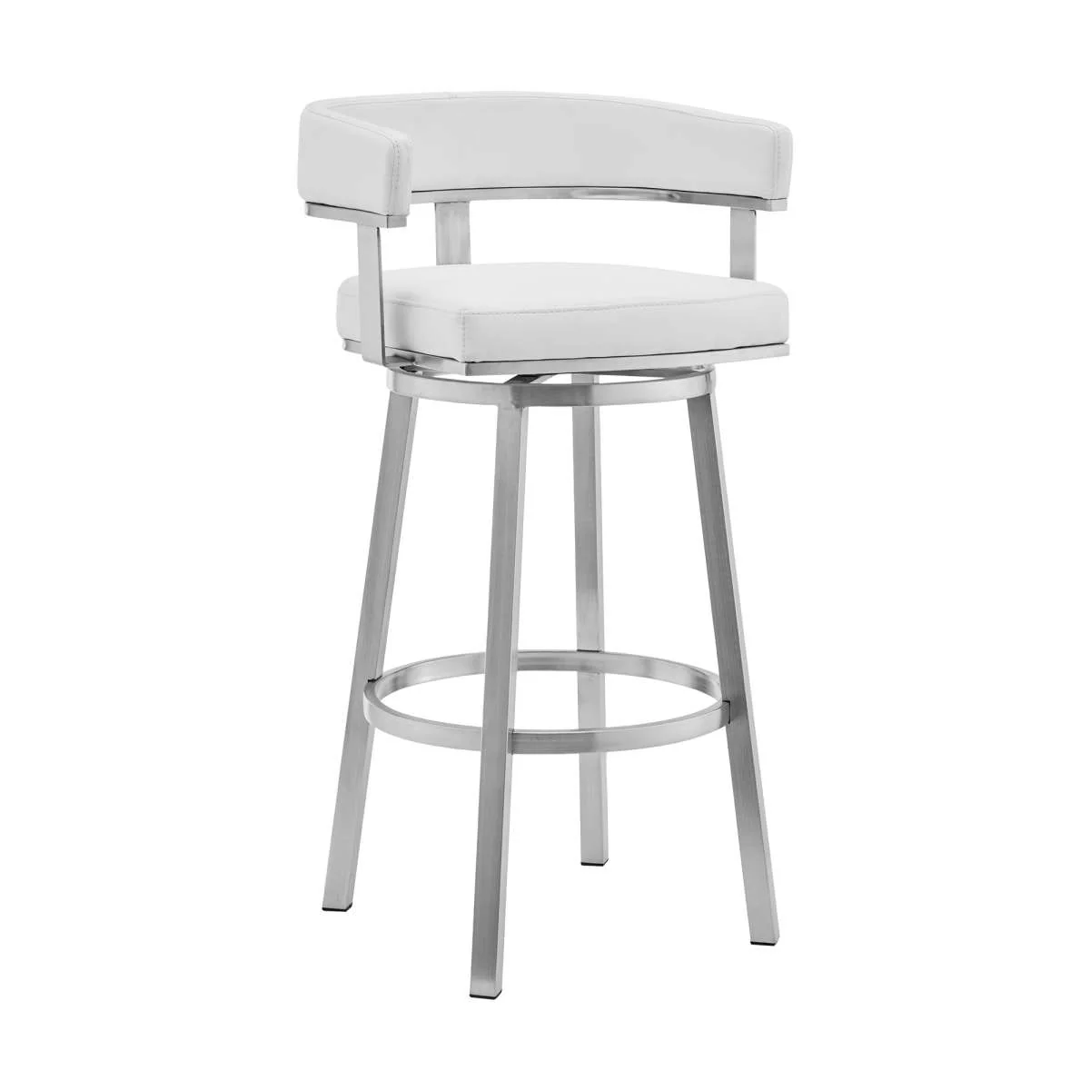 Cohen 26" White Faux Leather and Brushed Stainless Steel Swivel Bar Stool By Armen Living - Image 2