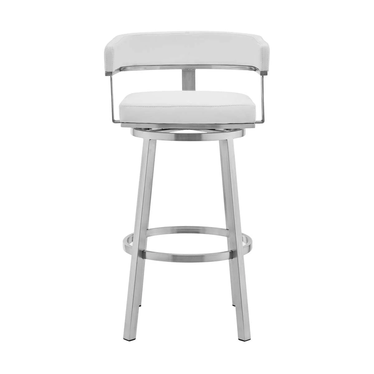 Cohen 26" White Faux Leather and Brushed Stainless Steel Swivel Bar Stool By Armen Living - Image 3