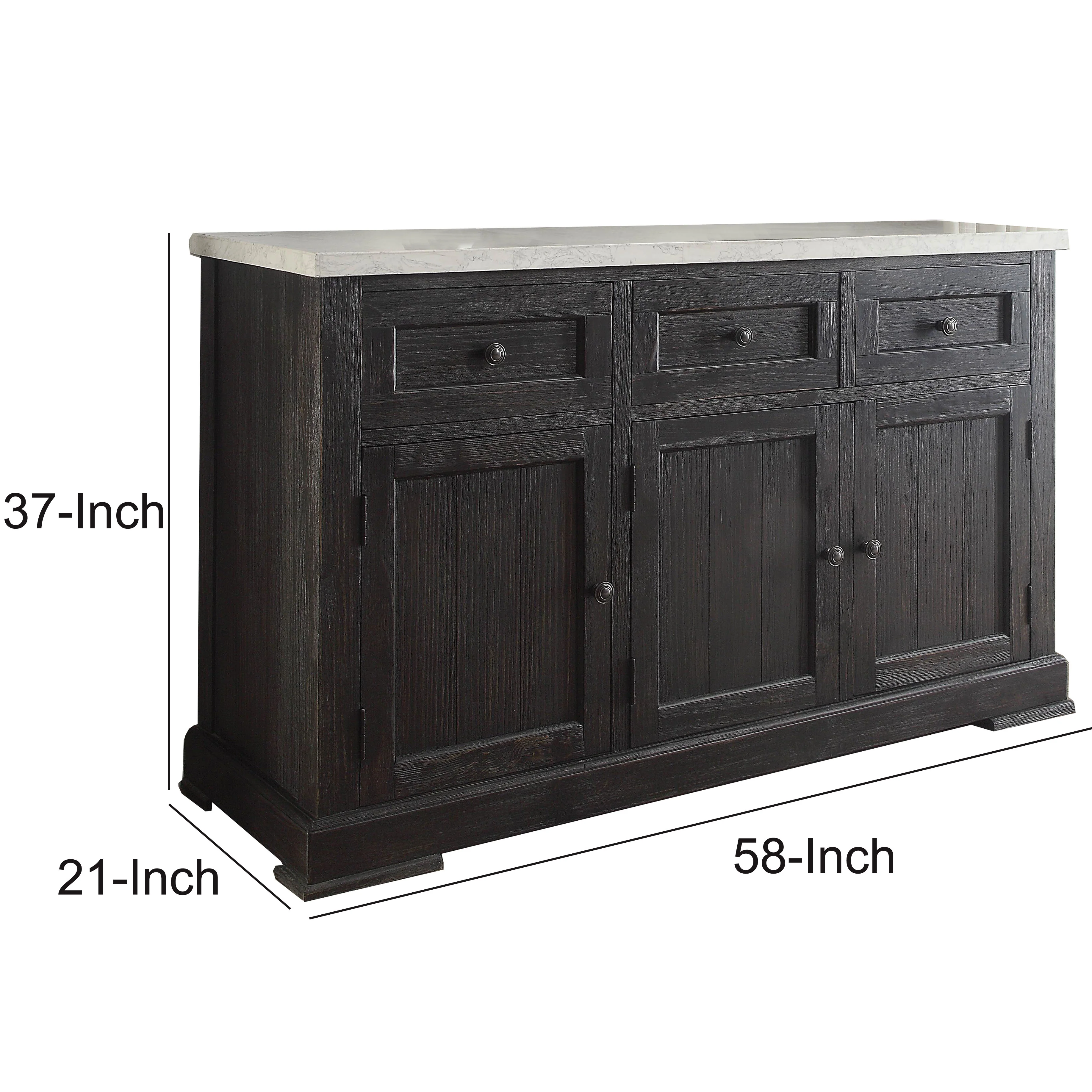 Commodious Wooden Server, White Marble Top & Weathered Black By Benzara - Image 2
