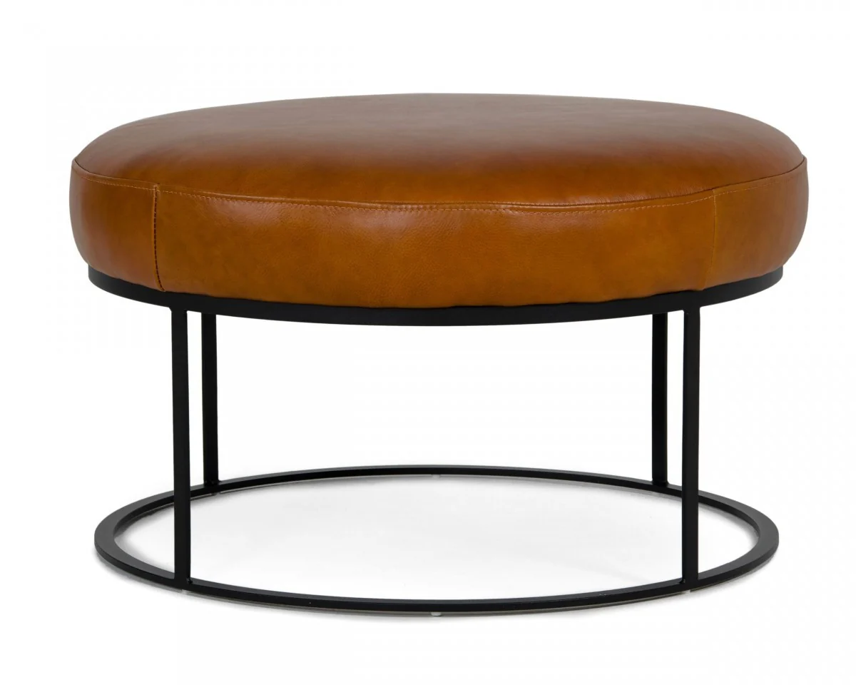 Compact 30" Round Camel Leather Ottoman Stool By Homeroots - Image 2