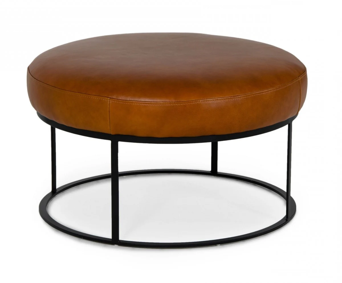Compact 30" Round Camel Leather Ottoman Stool By Homeroots - Image 4