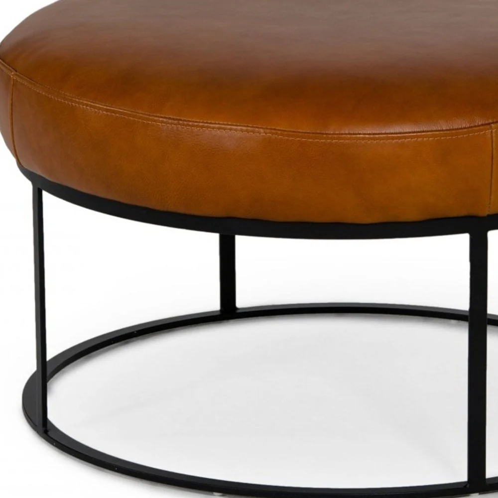 Compact 30" Round Camel Leather Ottoman Stool By Homeroots - Image 5