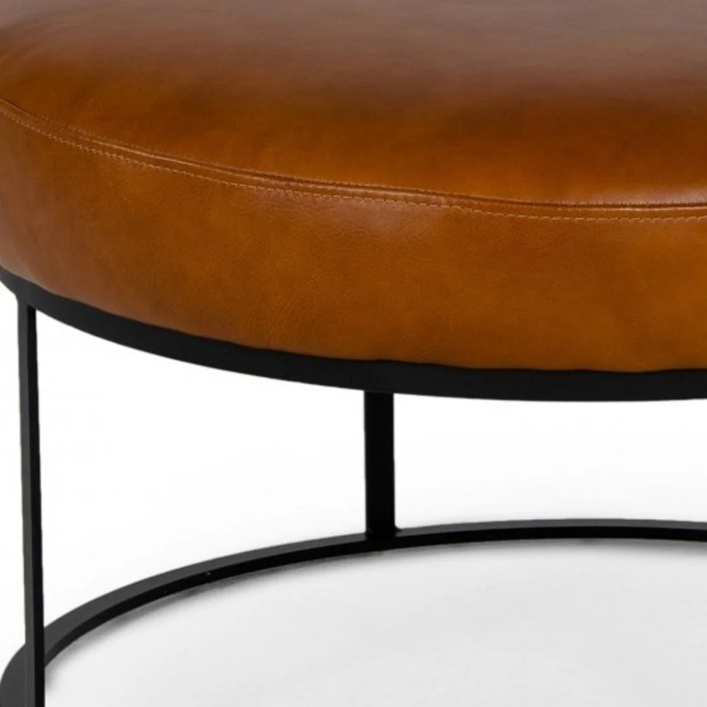Compact 30" Round Camel Leather Ottoman Stool By Homeroots - Image 6
