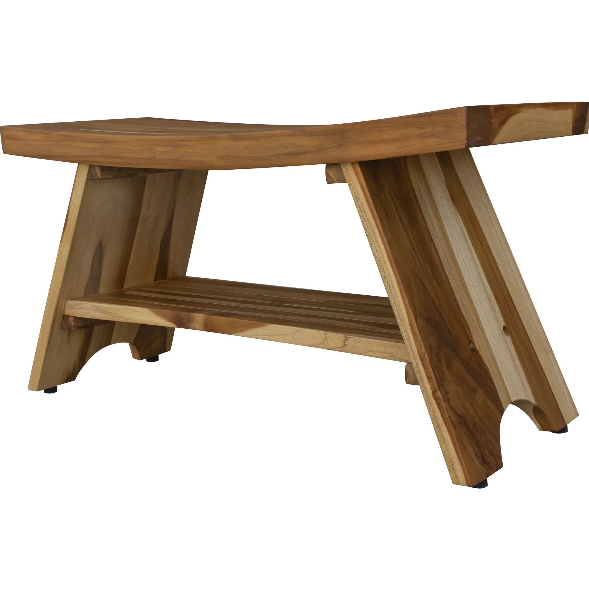 Compact Curvilinear Teak Shower Outdoor Bench with Shelf in Natural Finish By Homeroots - 376730 - Image 4