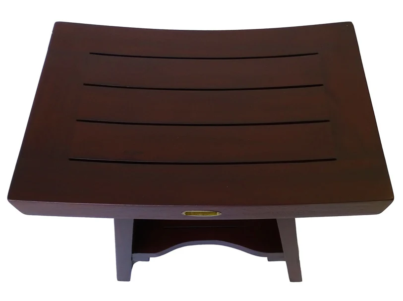 Compact Curviliniear Teak Shower Outdoor Bench with Shelf in Brown Finish By Homeroots - Image 2