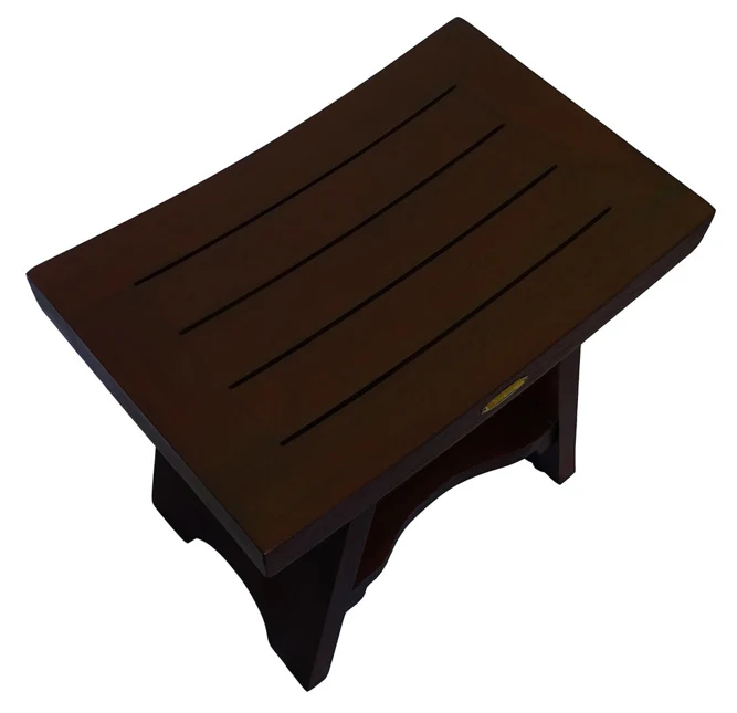 Compact Curviliniear Teak Shower Outdoor Bench with Shelf in Brown Finish By Homeroots - Image 3
