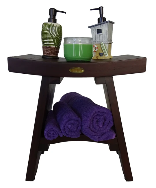 Compact Curviliniear Teak Shower Outdoor Bench with Shelf in Brown Finish By Homeroots - Image 4