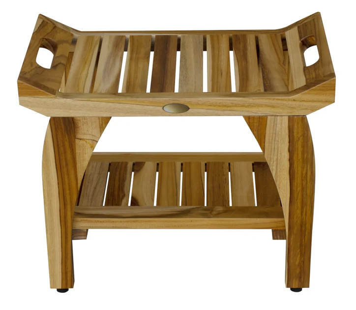 Compact Rectangular Teak Shower Bench with Handles in Natural Finish By Homeroots - Image 2