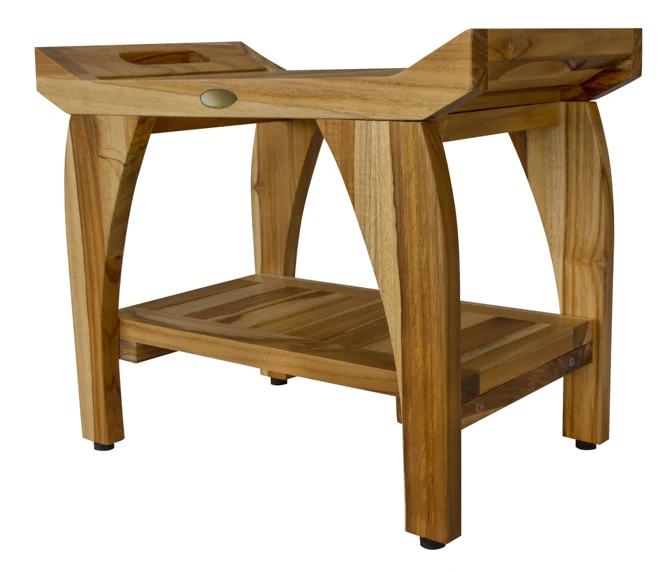 Compact Rectangular Teak Shower Bench with Handles in Natural Finish By Homeroots - Image 3