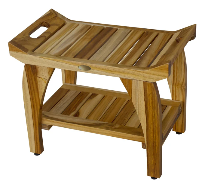 Compact Rectangular Teak Shower Bench with Handles in Natural Finish By Homeroots - Image 4