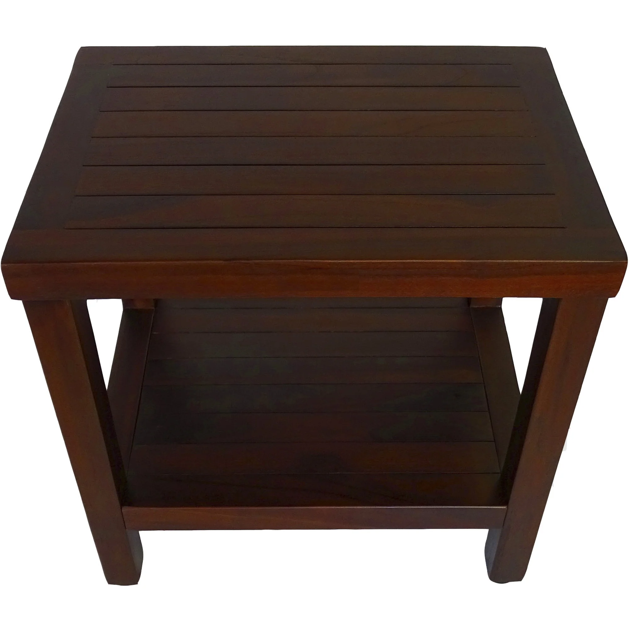 Compact Rectangular Teak Shower or Outdoor Bench with Shelf in Brown Finish By Homeroots - Image 2
