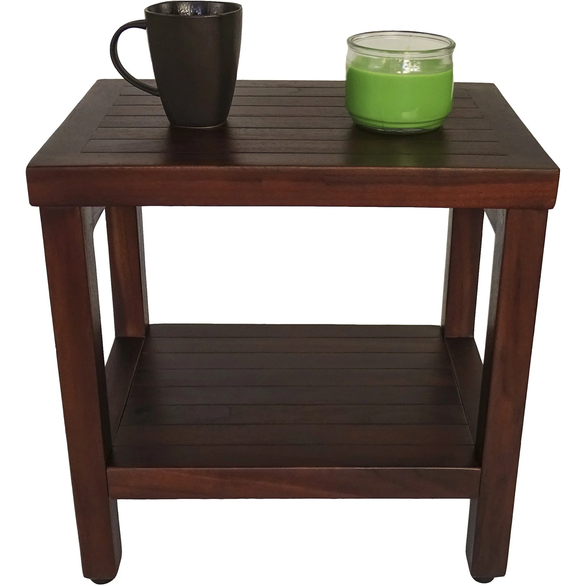 Compact Rectangular Teak Shower or Outdoor Bench with Shelf in Brown Finish By Homeroots - Image 4