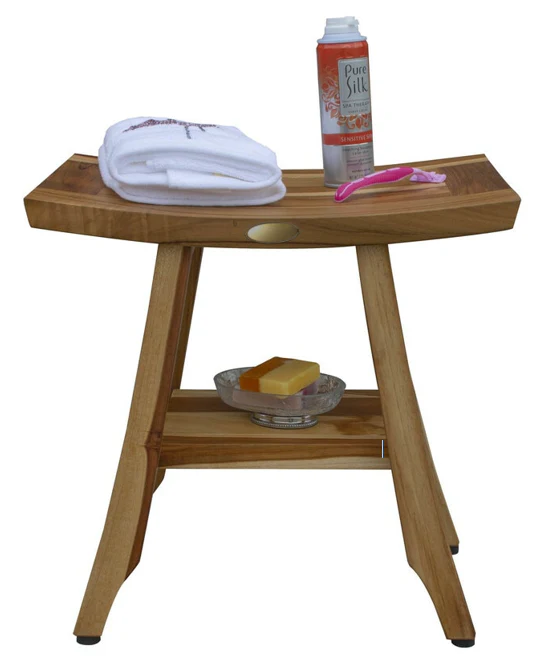 Compact Rectangular Teak Shower Outdoor Bench with Shelf in Natural Finish By Homeroots - 376744 - Image 3