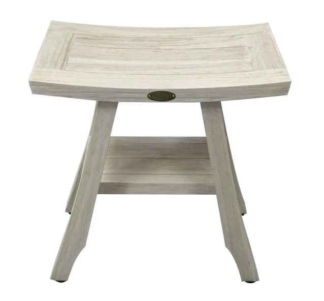 Compact Square Teak Shower Stool with Shelf in White Finish By Homeroots - Image 2