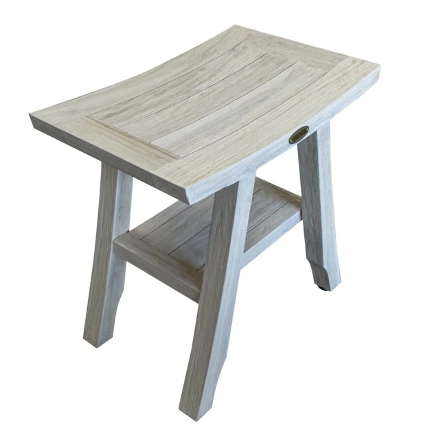 Compact Square Teak Shower Stool with Shelf in White Finish By Homeroots - Image 3