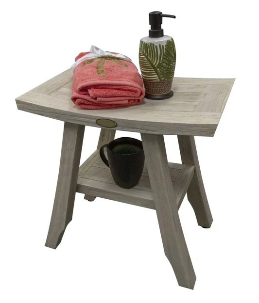 Compact Square Teak Shower Stool with Shelf in White Finish By Homeroots - Image 4