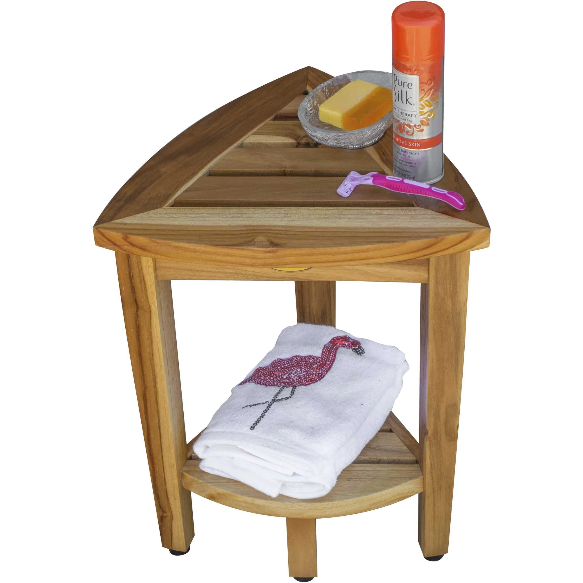 Compact Teak Corner Shower or Outdoor Bench with Shelf in Natural Finish By Homeroots - Image 4