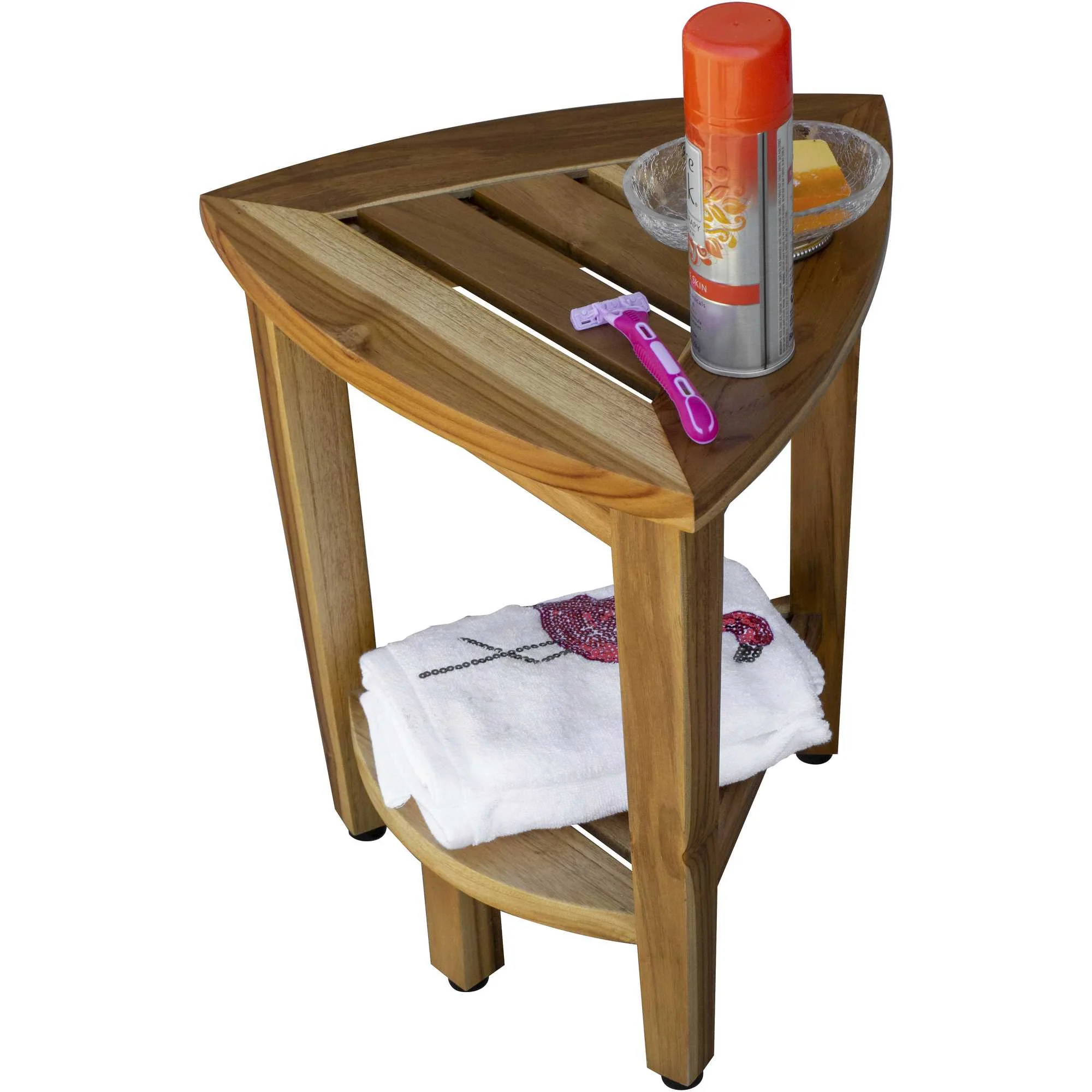 Compact Teak Corner Shower or Outdoor Bench with Shelf in Natural Finish By Homeroots - Image 5
