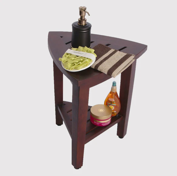 Compact Teak Corner Shower Outdoor Bench with Shelf in Brown Finish By Homeroots - Image 4