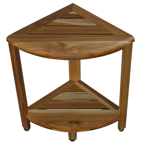 Compact Teak Corner Shower Stool with Shelf in Natural Finish By Homeroots - Image 3
