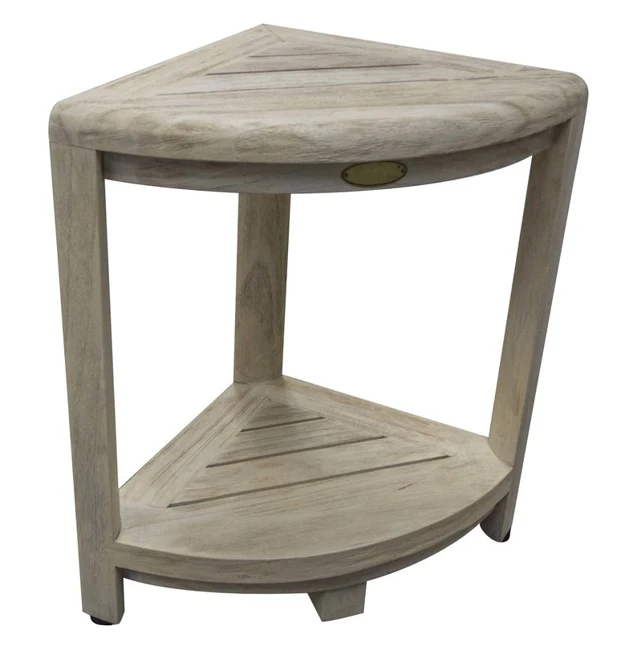 Compact Teak Corner Shower Stool with Shelf in Whitewash Driftwood By Homeroots - Image 2