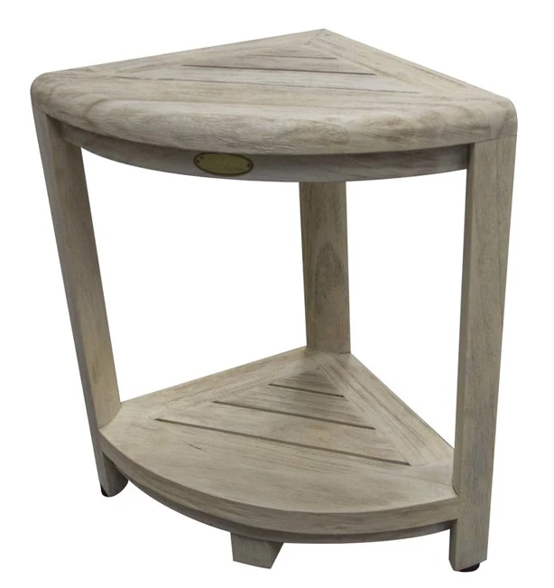 Compact Teak Corner Shower Stool with Shelf in Whitewash Driftwood By Homeroots - Image 3