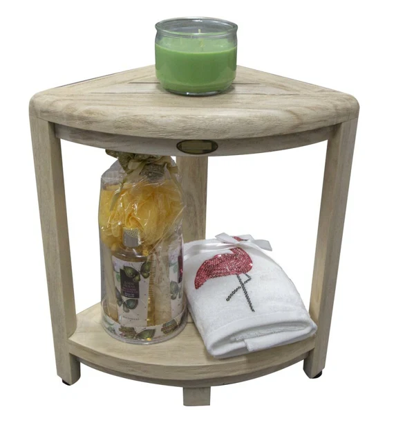 Compact Teak Corner Shower Stool with Shelf in Whitewash Driftwood By Homeroots - Image 4